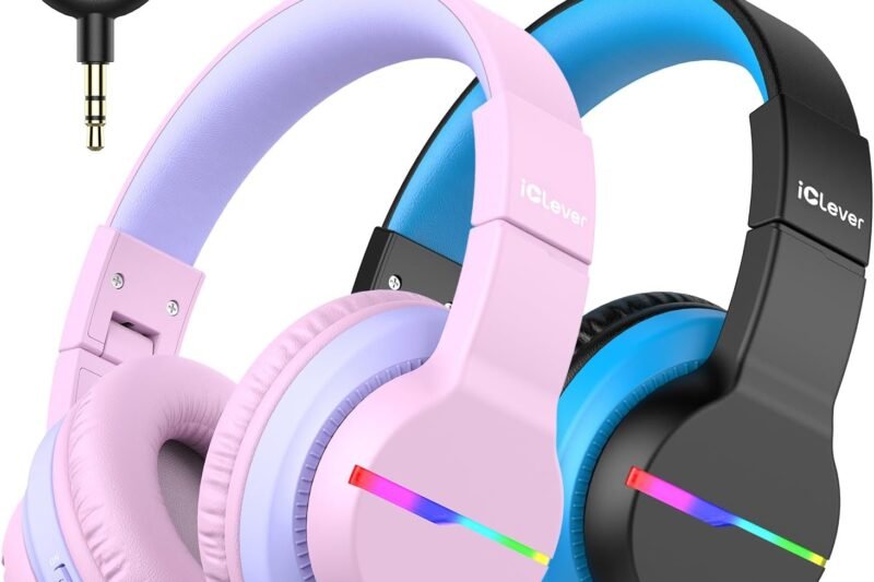 iClever BTH12 Kids Bluetooth Headphones 2 Pack,Colorful LED Lights,74/85dBA Safe Volume,85H Playtime,Bluetooth 5.2,Over Ear Kids Headphones Built-in Mic for iPad/Tablet/Airplane, Pink & Black