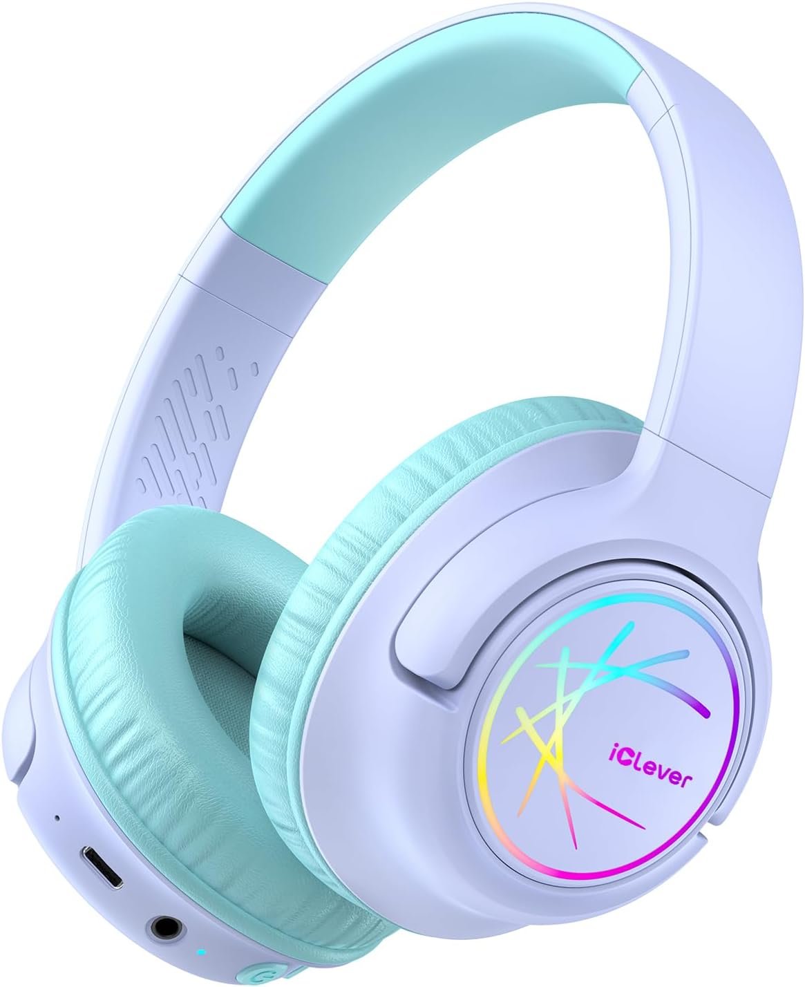 iClever Kids Bluetooth Headphones with LED Lights, BTH18 Safe Volume 74/85dBA, 43H Playtime, Bluetooth5.3 Kids Headphones Wireless Aux Cord for iPad/Tablet/Travel/School, Purple