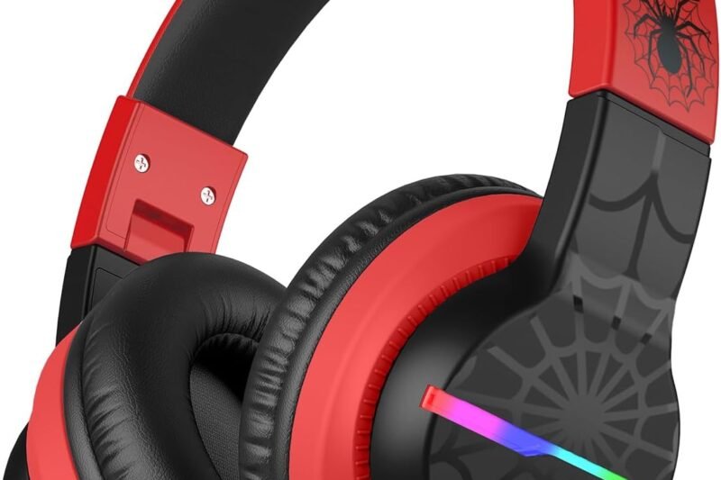 iClever BTH12 Kids Bluetooth Headphones,Colorful LED Lights,74/85dBA Safe Volume,85H Playtime,Fast Charging,Bluetooth 5.2,Over Ear Kids Headphones Wireles for iPad/Tablet/Airplane,Black/Red