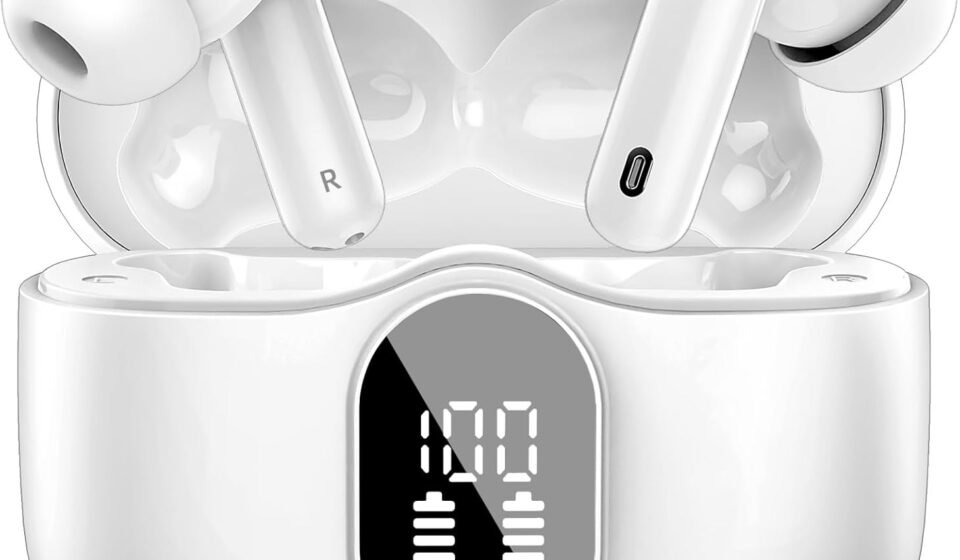Wireless Earbuds, Bluetooth 5.4 Headphones Bass Stereo/Clear Calls, White