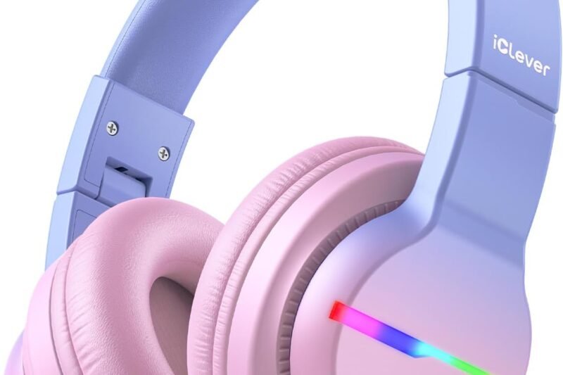 iClever BTH12 Kids Bluetooth Headphones 85H Playtime with LED Lights Travel | SafeSound Tech, Stereo Sound, USB C Charging AUX Cable Over Ear Built-in Mic, Kids Wireless Headphones for Toddler Boys Girls