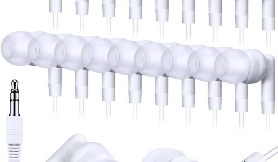 Kanayu 100 Pack Wired Earbuds Bulk for Classroom Ear Headphones Wired Basic Student Earbuds No Microphone with 3.5MM Jack for Class Laptop School Library, Individually Bagged (White)