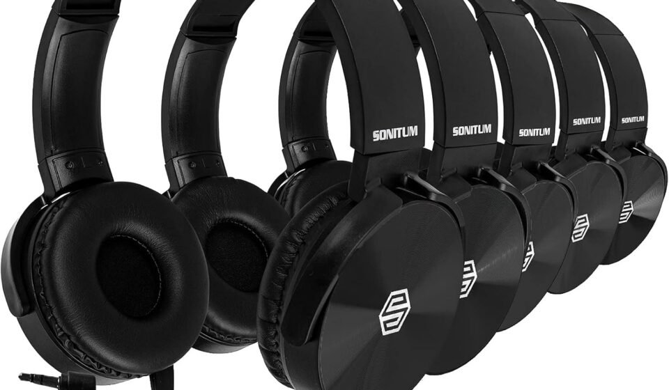 Classroom Headphones Bulk 5 Pack, Student On Ear Color Varieties, Comfy Swivel Earphones for Library, School, Airplane, Kids, for Online Learning and Travel, Noise Stereo Sound 3.5mm Jack (Black)